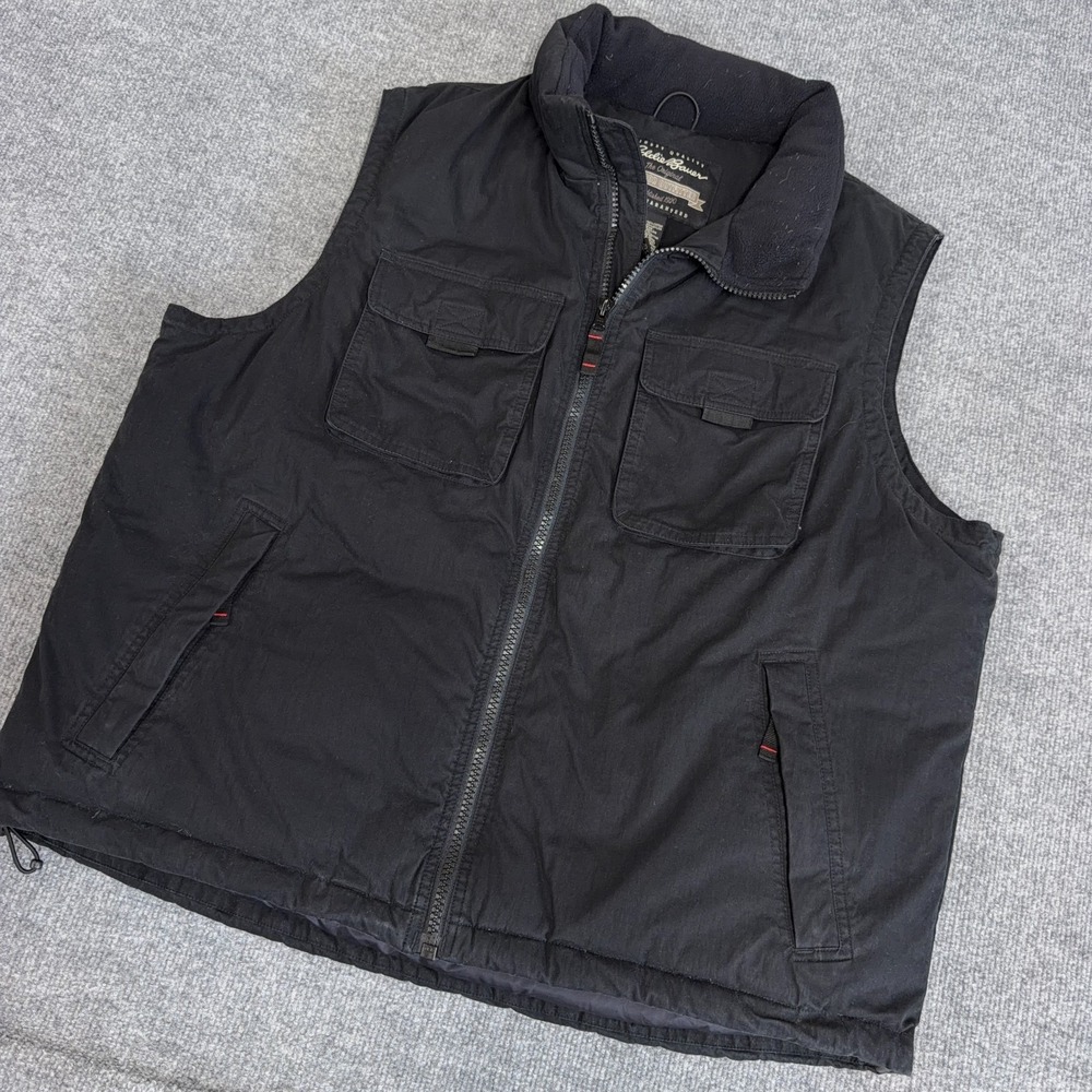 Vintage Eddie Bauer Down Puffer Vest Men XL Black Full Zip Utility Zip Pockets